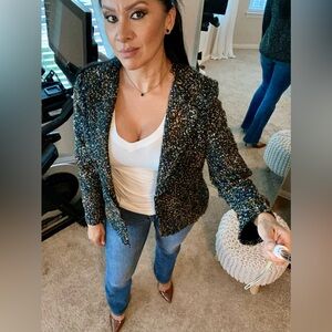 Karl Lagerfeld Paris Tweed Fringe Blazer Black Lagoon Multi Yellow Blue Women 10